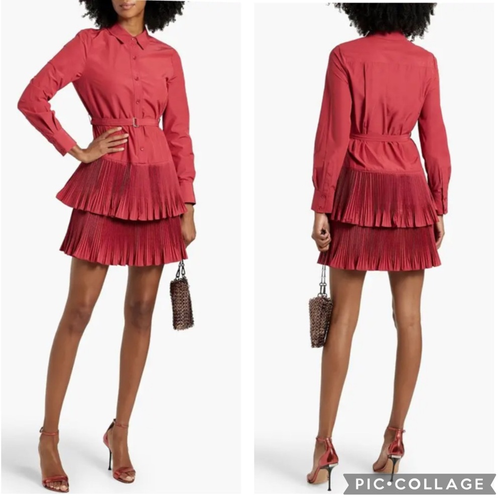 Derek Lam 10 Crosby Stirling‎ Tiered Plisse Poplin Shirt Dress Red 0
